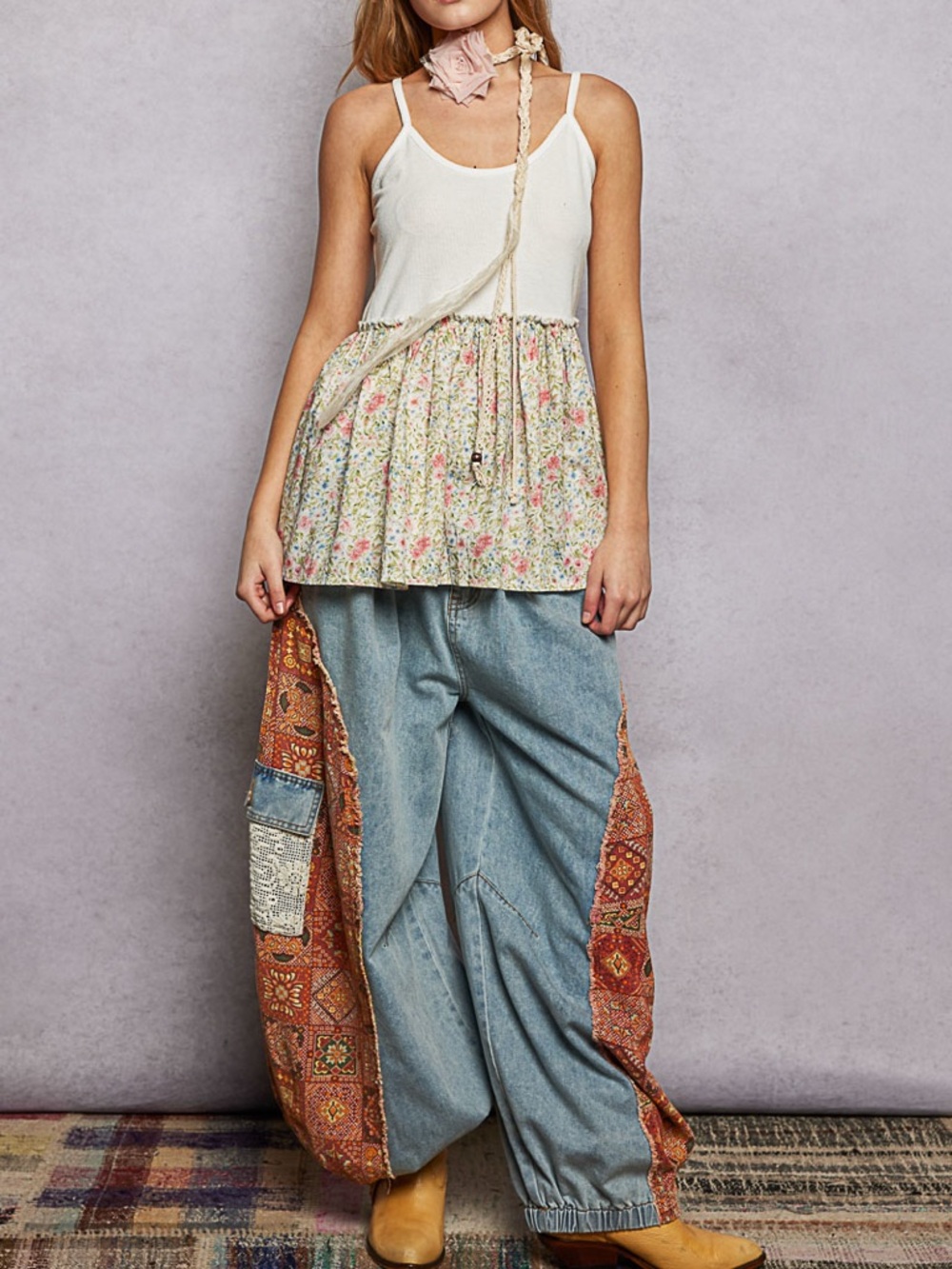 NWT POL Bohemian Cream Floral Babydoll Tunic Tank Top S M L - Picture 5 of 6